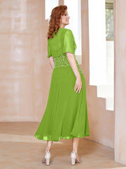 Robe à Encolure Carrée en Mousseline Longueur de Mollet avec Perles Vert Citron Grande Taille