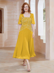 Robe à Encolure Carrée en Mousseline Longueur de Mollet avec Perles Souci Grande Taille