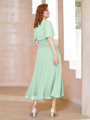 Robe à Encolure Carrée en Mousseline Longueur de Mollet avec Perles Vert Menthe