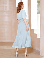 Robe à Encolure Carrée en Mousseline Longueur de Mollet avec Perles Brume