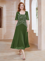 Robe à Encolure Carrée en Mousseline Longueur de Mollet avec Perles Mousse Grande Taille