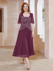 Robe à Encolure Carrée en Mousseline Longueur de Mollet avec Perles Mûre