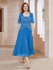 Robe à Encolure Carrée en Mousseline Longueur de Mollet avec Perles Bleu Océan Grande Taille