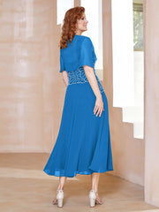 Robe à Encolure Carrée en Mousseline Longueur de Mollet avec Perles Bleu Océan Grande Taille