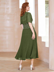 Robe à Encolure Carrée en Mousseline Longueur de Mollet avec Perles Olive Verte Grande Taille