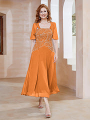 Robe à Encolure Carrée en Mousseline Longueur de Mollet avec Perles Orange Grande Taille