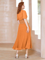 Robe à Encolure Carrée en Mousseline Longueur de Mollet avec Perles Orange Grande Taille