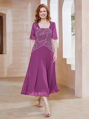 Robe à Encolure Carrée en Mousseline Longueur de Mollet avec Perles Orchidee Grande Taille