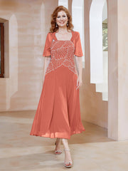 Robe à Encolure Carrée en Mousseline Longueur de Mollet avec Perles Papaye Grande Taille