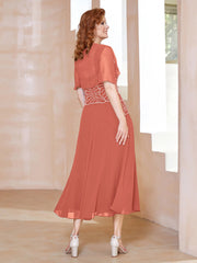 Robe à Encolure Carrée en Mousseline Longueur de Mollet avec Perles Papaye Grande Taille