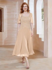 Robe à Encolure Carrée en Mousseline Longueur de Mollet avec Perles Pêche Grande Taille
