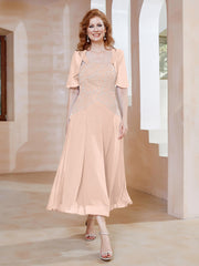 Robe à Encolure Carrée en Mousseline Longueur de Mollet avec Perles Rose Perle Grande Taille