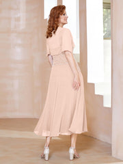 Robe à Encolure Carrée en Mousseline Longueur de Mollet avec Perles Rose Perle Grande Taille