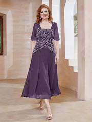 Robe à Encolure Carrée en Mousseline Longueur de Mollet avec Perles Plum Grande Taille