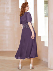 Robe à Encolure Carrée en Mousseline Longueur de Mollet avec Perles Plum