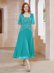 Robe à Encolure Carrée en Mousseline Longueur de Mollet avec Perles Piscine Grande Taille