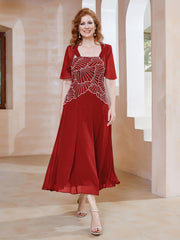 Robe à Encolure Carrée en Mousseline Longueur de Mollet avec Perles Rouge Grande Taille