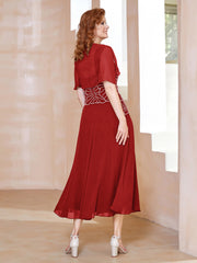 Robe à Encolure Carrée en Mousseline Longueur de Mollet avec Perles Rouge Grande Taille