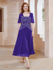 Robe à Encolure Carrée en Mousseline Longueur de Mollet avec Perles Régence Grande Taille