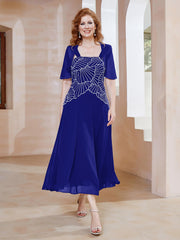 Robe à Encolure Carrée en Mousseline Longueur de Mollet avec Perles Bleu Royale Grande Taille