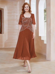 Robe à Encolure Carrée en Mousseline Longueur de Mollet avec Perles Rouille