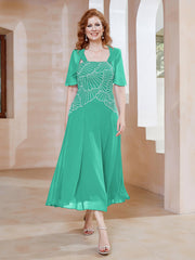 Robe à Encolure Carrée en Mousseline Longueur de Mollet avec Perles Spa