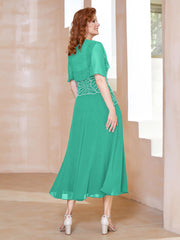 Robe à Encolure Carrée en Mousseline Longueur de Mollet avec Perles Spa