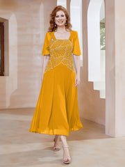 Robe à Encolure Carrée en Mousseline Longueur de Mollet avec Perles Mandarine Grande Taille