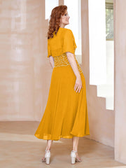 Robe à Encolure Carrée en Mousseline Longueur de Mollet avec Perles Mandarine
