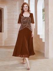 Robe à Encolure Carrée en Mousseline Longueur de Mollet avec Perles Terracotta Grande Taille