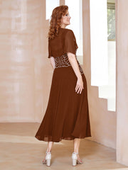 Robe à Encolure Carrée en Mousseline Longueur de Mollet avec Perles Terracotta