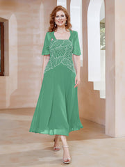 Robe à Encolure Carrée en Mousseline Longueur de Mollet avec Perles Turquoise Grande Taille