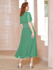 Robe à Encolure Carrée en Mousseline Longueur de Mollet avec Perles Turquoise Grande Taille