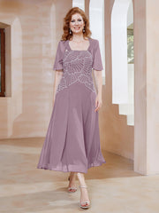 Robe à Encolure Carrée en Mousseline Longueur de Mollet avec Perles Vintage Mauve Grande Taille