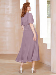 Robe à Encolure Carrée en Mousseline Longueur de Mollet avec Perles Vintage Mauve Grande Taille