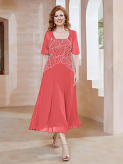 Robe à Encolure Carrée en Mousseline Longueur de Mollet avec Perles Pastèque