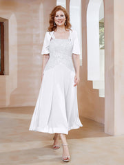 Robe à Encolure Carrée en Mousseline Longueur de Mollet avec Perles Blanc Grande Taille