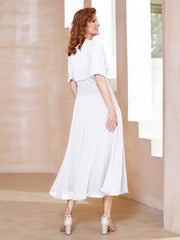 Robe à Encolure Carrée en Mousseline Longueur de Mollet avec Perles Blanc Grande Taille