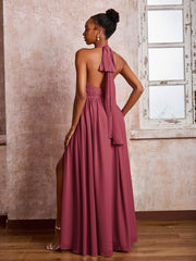 Maxi Robe Froncée en Mousseline à Col Licou avec Fente Cannelle Rose