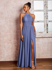 Maxi Robe Froncée en Mousseline à Col Licou avec Fente Pervenche