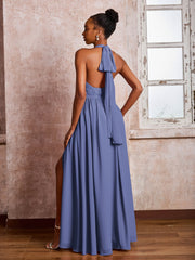 Maxi Robe Froncée en Mousseline à Col Licou avec Fente Pervenche