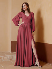 Robe de A-ligne Plissée en Mousseline avec Manches Longues Cannelle Rose
