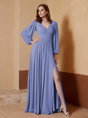 Robe de A-ligne Plissée en Mousseline avec Manches Longues Pervenche