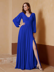 Robe de A-ligne Plissée en Mousseline avec Manches Longues Bleu Royale
