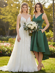 Col en V Satin Asymétrique Robes Demoiselle d'honneure Vert Foncé