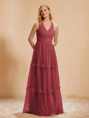 Robe de A-ligne Plissée en Tulle Longueur au Sol Cannelle Rose