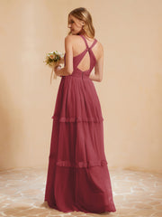 Robe de A-ligne Plissée en Tulle Longueur au Sol Cannelle Rose