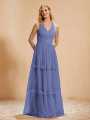 Robe de A-ligne Plissée en Tulle Longueur au Sol Pervenche