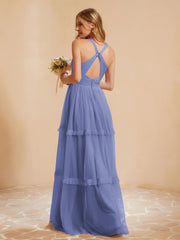 Robe de A-ligne Plissée en Tulle Longueur au Sol Pervenche