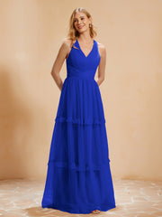 Robe de A-ligne Plissée en Tulle Longueur au Sol Bleu Royale Grande Taille